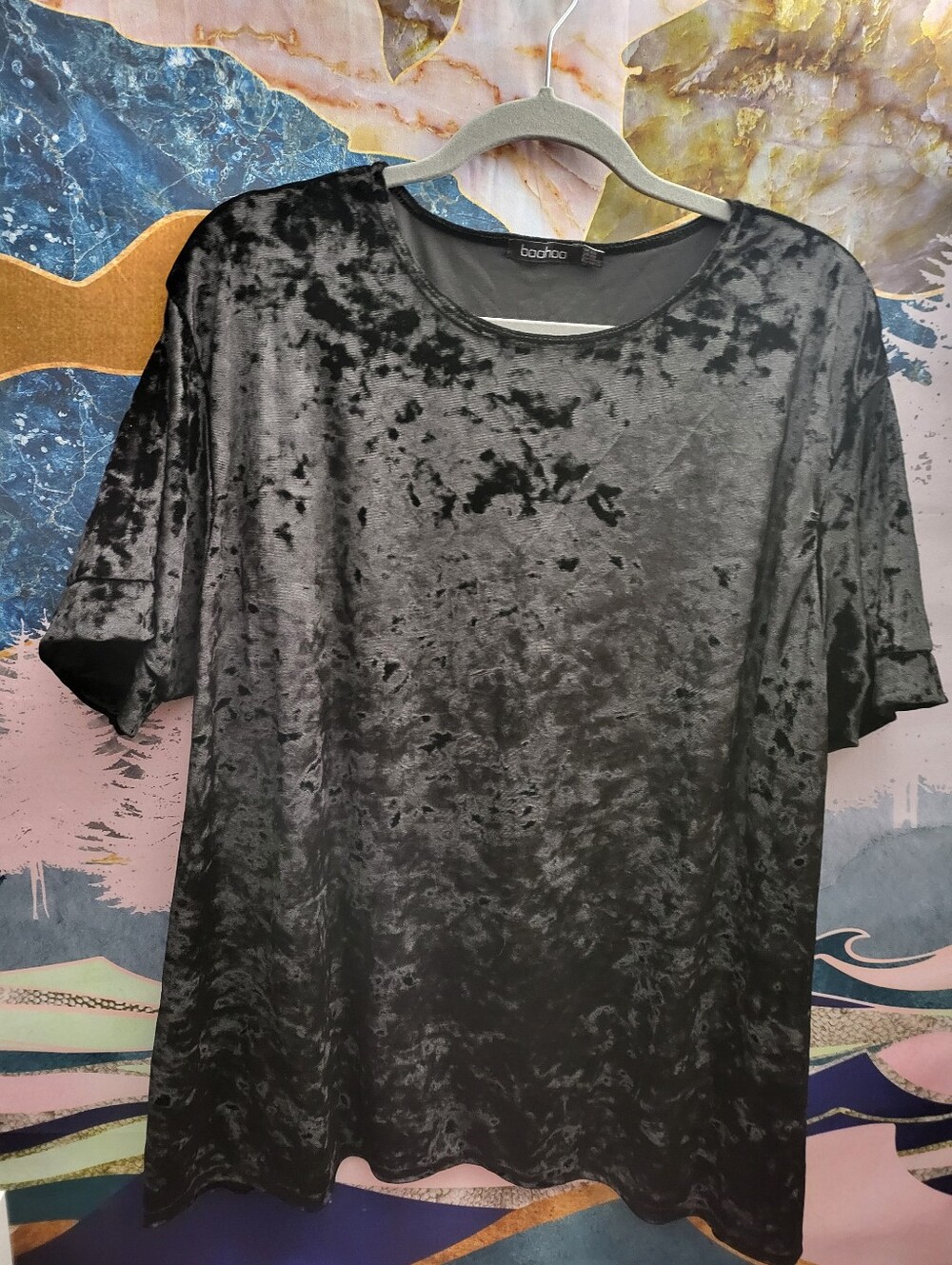 Boohoo Black Crushed Velvet Short Sleeve Tee